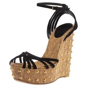 Gucci Black Suede Studded Platform Cork Wedge Heel Sandals Size 39